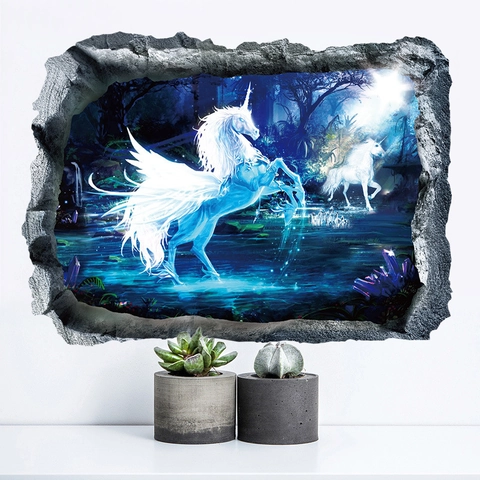3D Gebroken Muur Magische Eenhoorn Muursticker Verwijderbaar PVC Fantasie Pegasus Poster Voor Kinderkamer Woonkamer Decoratie