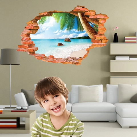 Pegatina de Pared Efecto Pared Rota 3D Paisaje Playa Tropical Cocoteros PVC Impermeable Calcomanía Extraíble Hogar