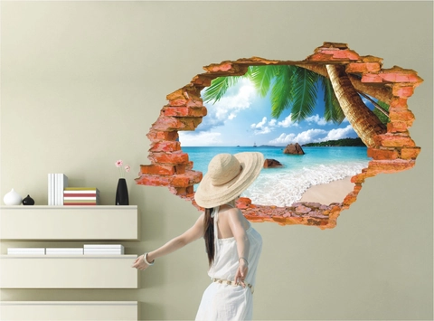 Pegatina de Pared Efecto Pared Rota 3D Paisaje Playa Tropical Cocoteros PVC Impermeable Calcomanía Extraíble Hogar