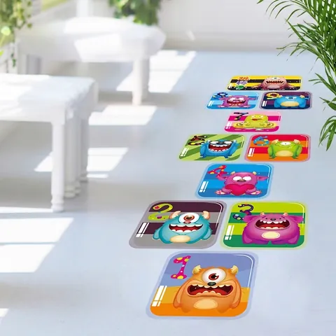 Adesivo da Pavimento Campana con Mostri Animati PVC Impermeabile Griglia Numerica per Cameretta Bambini e Asilo