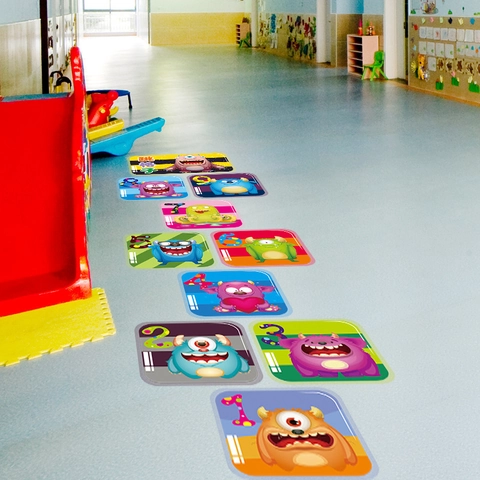 Adesivo da Pavimento Campana con Mostri Animati PVC Impermeabile Griglia Numerica per Cameretta Bambini e Asilo