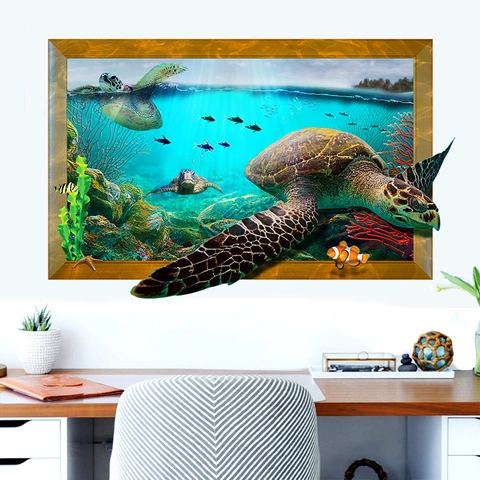 Vinilo de Pared 3D Mundo Submarino Tortuga Marina Impermeable PVC Efecto Pared Rota Peces Arrecife de Coral Decoración