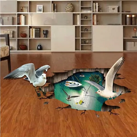 Pegatina 3D Océano Mar Gaviota Pared Rota Adhesivo de Suelo Removible PVC Impermeable Mural Para Baño Decoración del Hogar