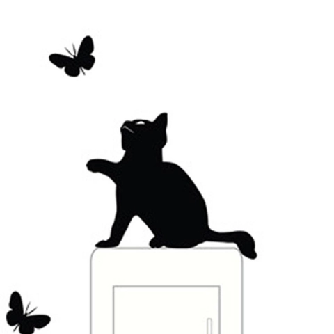 Adesivo da Parete Creativo Silhouette Gatto Farfalla Fai da Te Impermeabile Removibile Decorazione Interruttore Casa Nero