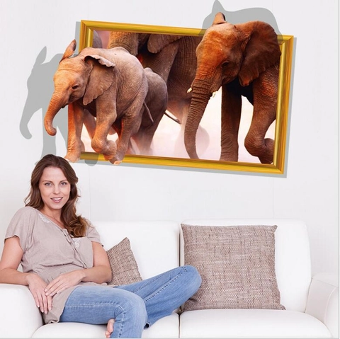 Adesivo da Parete 3D Elefante Rimovibile Cornice Dorata Murale Animale Creativo PVC Per Soggiorno Camera da Letto Casa