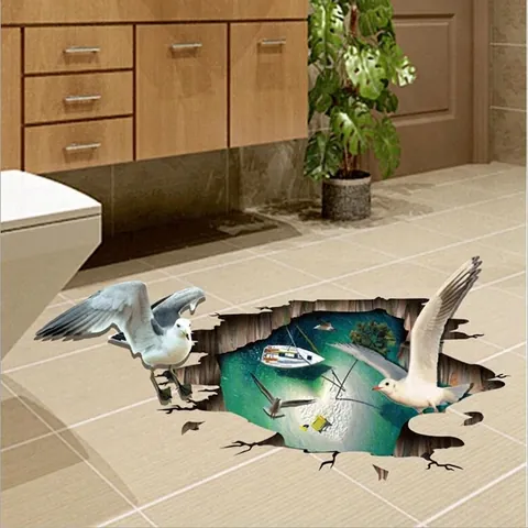 Pegatina 3D Océano Mar Gaviota Pared Rota Adhesivo de Suelo Removible PVC Impermeable Mural Para Baño Decoración del Hogar