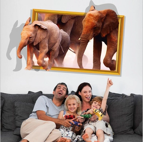 Adesivo da Parete 3D Elefante Rimovibile Cornice Dorata Murale Animale Creativo PVC Per Soggiorno Camera da Letto Casa