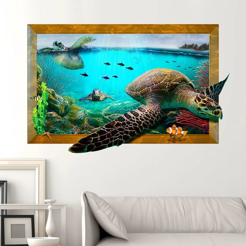Vinilo de Pared 3D Mundo Submarino Tortuga Marina Impermeable PVC Efecto Pared Rota Peces Arrecife de Coral Decoración