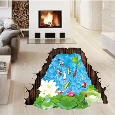 3D Lotus Koivijver Muursticker Waterdicht PVC Vloersticker Verwijderbare Muurschildering Voor Badkamer Woonkamer Decor