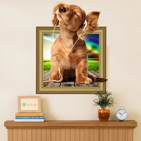 3D Creative Dog Wearing Headphones Wall Sticker Removable PVC Visual Effect Mural Art For Home Living Room Bedroom Kids Decor