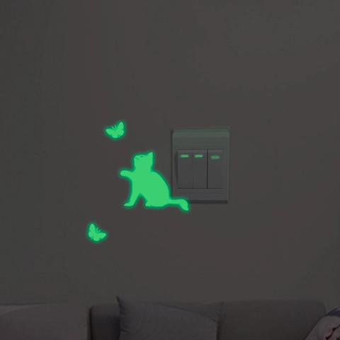 Luminosos Gato Mariposa Pegatinas de Pared Glow In The Dark PVC Fluorescentes Pegatinas para Interruptor Casa Dormitorio