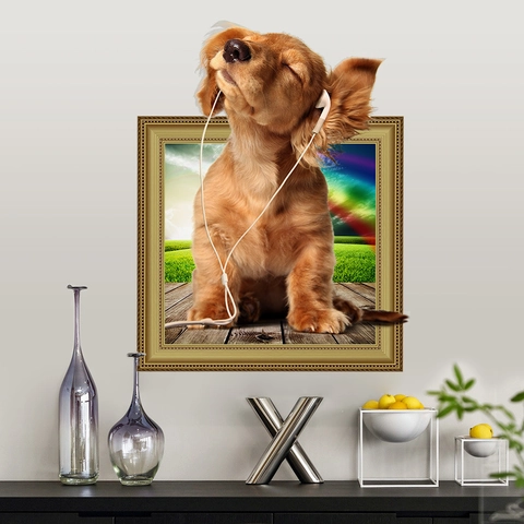 3D Creative Dog Wearing Headphones Wall Sticker Removable PVC Visual Effect Mural Art For Home Living Room Bedroom Kids Decor
