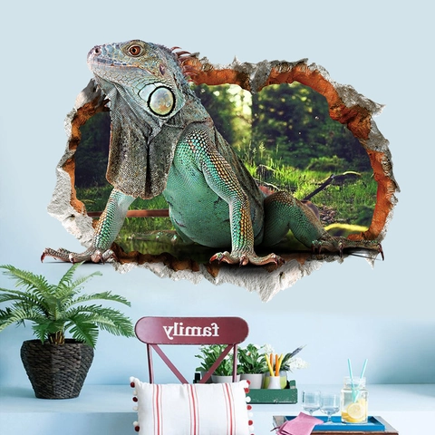 Adesivo da Parete 3D Effetto Visivo Lucertola Verde Rimovibile Decalcomania Murale Animale Impermeabile per Casa Soggiorno