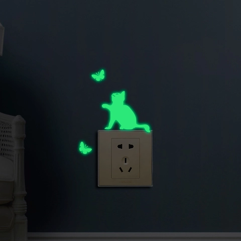 Luminosos Gato Mariposa Pegatinas de Pared Glow In The Dark PVC Fluorescentes Pegatinas para Interruptor Casa Dormitorio