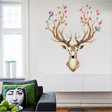 Aquarell Sikahirsch Kirschblüte Wandtattoo Wasserdicht Abnehmbar PVC Vogel Blumenaufkleber Für Wohnzimmer Home Dekor