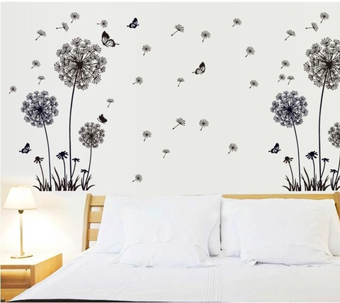 Pegatinas de Pared Removibles de Diente de León y Mariposa Negra PVC DIY Calcomanías Florales Para Sala de Estar Dormitorio