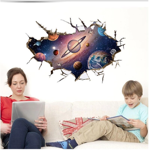 Vinilo Decorativo 3D Espacio Galaxia Planetas Efecto Pared Rota Pegatina de PVC Removible para Habitación Infantil Dormitorio Sala Decor