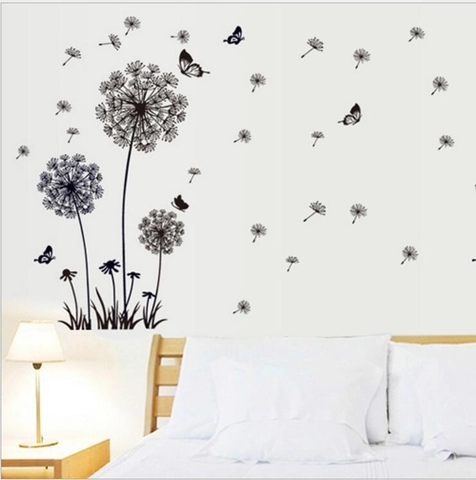 Pegatinas de Pared Removibles de Diente de León y Mariposa Negra PVC DIY Calcomanías Florales Para Sala de Estar Dormitorio
