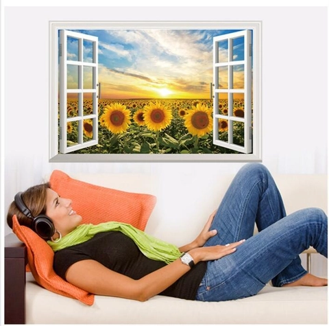 Pegatina de Pared 3D Ventana Falsa Campo de Girasoles Atardecer Paisaje PVC Impermeable Removible Decoración Hogar