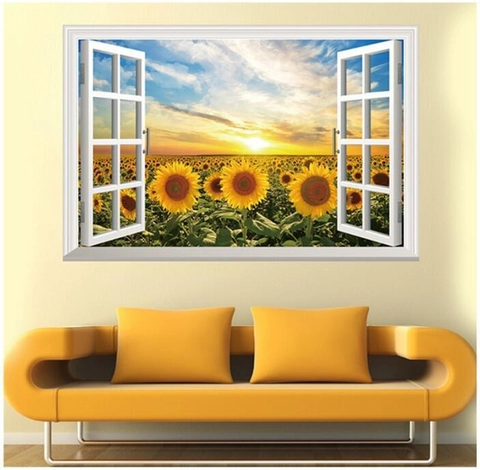 Pegatina de Pared 3D Ventana Falsa Campo de Girasoles Atardecer Paisaje PVC Impermeable Removible Decoración Hogar