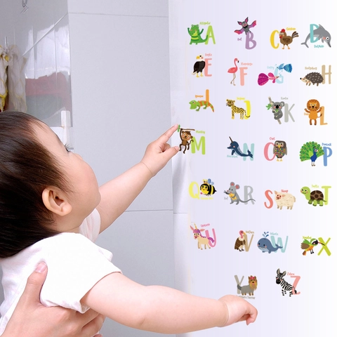 Pädagogische Wandaufkleber Mit 26 Tieralphabeten Aus Abnehmbarem PVC Cartoon Buchstaben Decals Für Kinderzimmer Kühlschrank Deko
