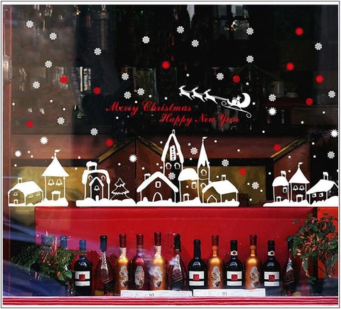 Abnehmbare PVC Weihnachten Fensteraufkleber Schneeflocken Rentier Stadt Silhouette Dekoration Für Glas Shop Haus Festliche Deko