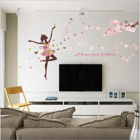 Blumenfee Kirschblüte Schmetterling Wandaufkleber PVC Abnehmbar Wasserdicht DIY Heimdekoration Wandbild Für Schlafzimmer