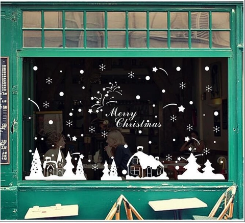 Merry Christmas Sneeuwhuis Wit PVC Raamsticker Sneeuwvlok Sterren Muursticker Voor Huis Winkel Vakantie Feestelijke Decoratie