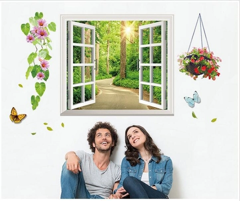 Adesivo da Parete 3D Finta Finestra Sentiero Foresta Removibile in PVC Paesaggio Murale Con Fiori Rosa Farfalle Arredo