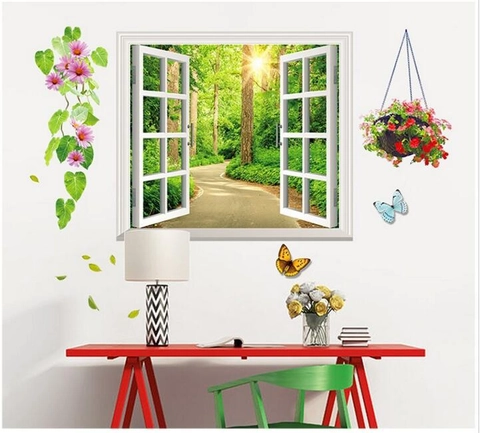 Adesivo da Parete 3D Finta Finestra Sentiero Foresta Removibile in PVC Paesaggio Murale Con Fiori Rosa Farfalle Arredo