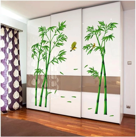 Nature Bamboo And Birds PVC Wall Stickers Waterproof Removable Chinese Style Green Plant Wall Decals For Living Room Bedroom Decor