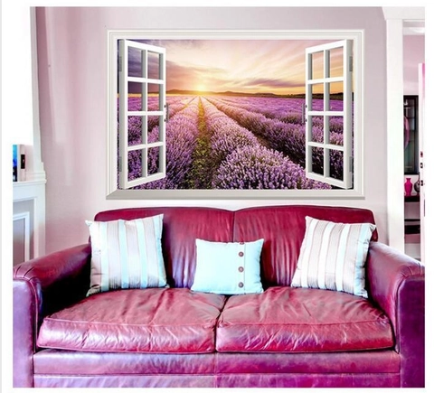 Adesivo da Parete 3D Finta Finestra Campo di Lavanda Viola Paesaggio al Tramonto PVC Impermeabile Murale per Decorazione Casa