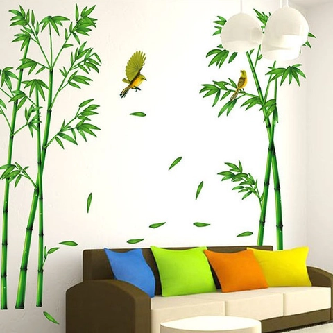 Pegatinas de Pared de PVC de Bambú y Aves Impermeable Extraíble Estilo Chino Plantas Verdes Calcomanías de Pared Para Sala de Estar Dormitorio