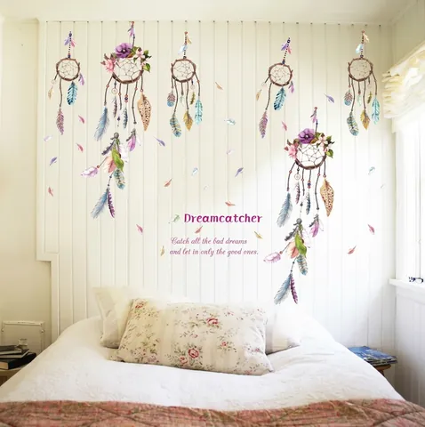 Abnehmbare PVC Traumfänger Federn Wandtattoo Aquarell Blumen Bohemien Stil Wasserdicht Wandaufkleber Für Schlafzimmer Wohnzimmer Deko