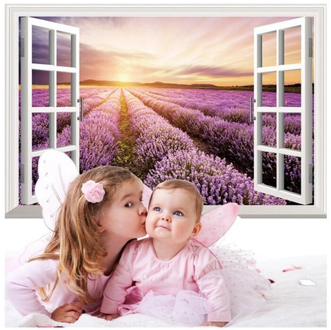 Adesivo da Parete 3D Finta Finestra Campo di Lavanda Viola Paesaggio al Tramonto PVC Impermeabile Murale per Decorazione Casa
