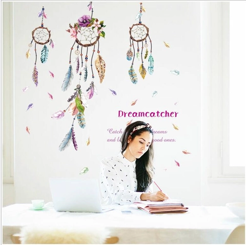 Abnehmbare PVC Traumfänger Federn Wandtattoo Aquarell Blumen Bohemien Stil Wasserdicht Wandaufkleber Für Schlafzimmer Wohnzimmer Deko