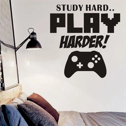 Study Hard Play Harder Pegatina de Pared de Juegos Cita Inspiradora Con Control PVC Calcomanía de Pared Removible para Cuarto de Niños Decoración Gamer