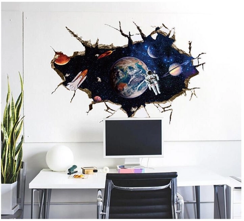 3D Astronaut Weltraum Wandtattoo Abnehmbare PVC Erde Planet Gebrochene Wand Effekt Wandbild Dekor Für Kinderzimmer