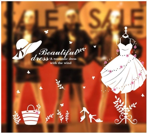 White Silhouette Fashion Wall Sticker With Dress Hat High Heels Removable PVC Decals For Shop Window Home Living Room Decor