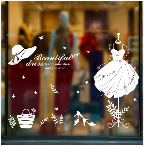 White Silhouette Fashion Wall Sticker With Dress Hat High Heels Removable PVC Decals For Shop Window Home Living Room Decor
