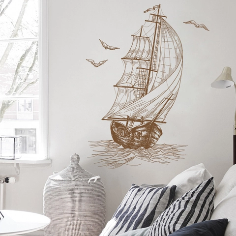 Vintage Zeilboot Meeuwen Schets PVC Muursticker Waterdicht Verwijderbaar Nautisch Thema Muurdecoratie Voor Woonkamer Slaapkamer