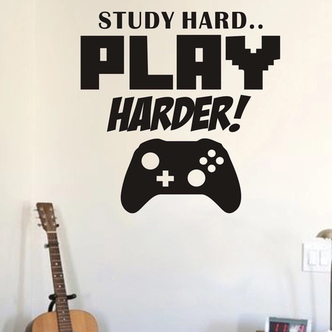 Study Hard Play Harder Pegatina de Pared de Juegos Cita Inspiradora Con Control PVC Calcomanía de Pared Removible para Cuarto de Niños Decoración Gamer