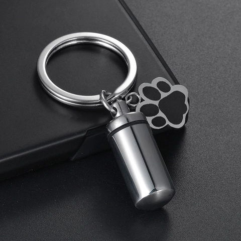 Stainless Steel Pet Memorial Cremation Urn Capsule Keychain With Paw Print Charm Openable Cylinder Ashes Keepsake Jewelry
