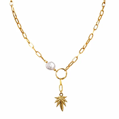 French Vintage Stainless Steel 14K Gold Plated Leaf Pendant Necklace With Artificial Baroque Pearl For Women Fashion Chunky O-Chain Jewelry