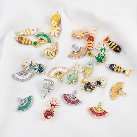 Chinese Style Zinc Alloy Enamel Pendants Lucky Koi Fish Gourd Fan Rhinestone Charms For DIY Necklace Jewelry Making