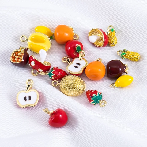 Alloy Enamel Fruit Vegetable Charms Pomegranate Apple Pineapple Mushroom Strawberry Pendants For DIY Jewelry Making Accessories