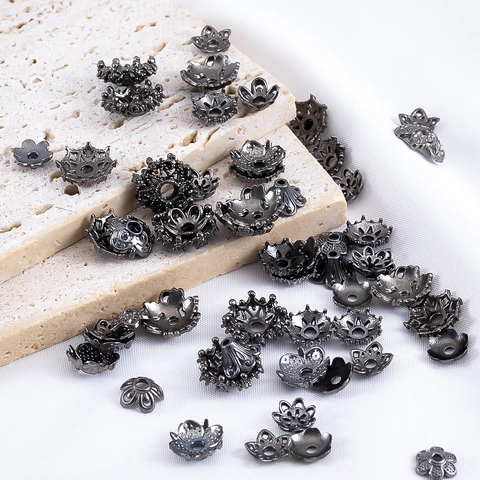 Vintage Alloy Gun Black Flower Bead Caps Hollow Plant Spacers For Handcrafted Jewelry Making DIY Necklace Accessory