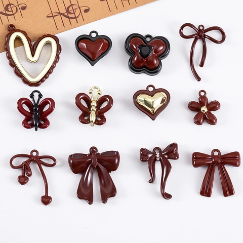 Burgundy Enamel Alloy Pendants Heart Butterfly Bowknot Charms For DIY Necklace Bracelet Jewelry Making Women Findings