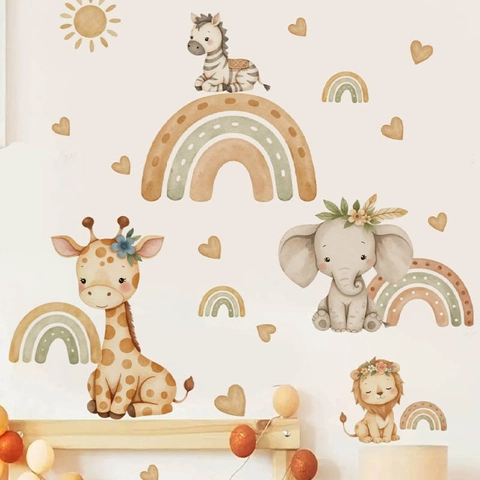Cartoon Animal Rainbow Wall Stickers PVC Self Adhesive Removable Giraffe Elephant Lion Watercolor Decal For Kids Room Nursery Decor