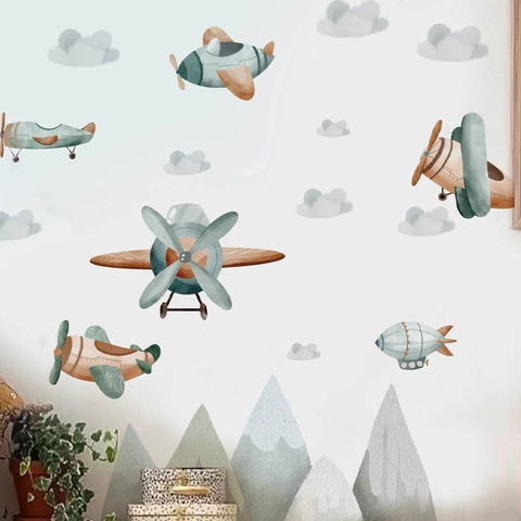 Adesivo da Parete in Cartone Animato con Aereo Nuvola e Montagna per Decorazione Cameretta Bambini PVC Impermeabile Rimovibile Acquerello